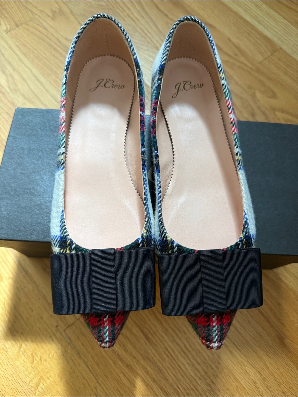 J. Crew Multicolor Plaid Pointed-Toe Flats with Black Bow